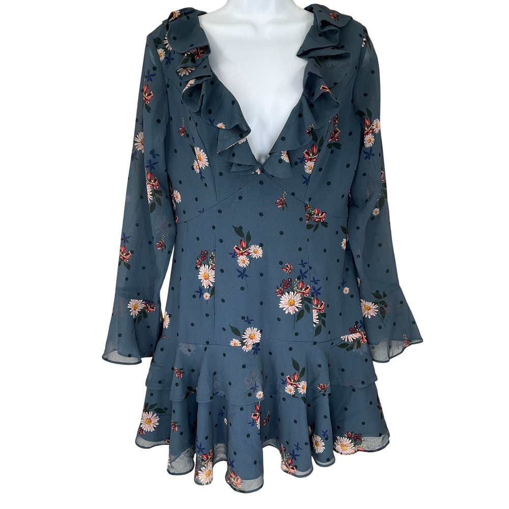 Keepsake The Label Floral‎ Polka Dot Ruffle Mini Dress Blue Bell Sleeve Sz M NEW